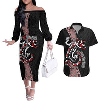 Aotearoa Toitu Te Tiriti Taniko Couples Matching Off The Shoulder Long Sleeve Dress and Hawaiian Shirt Maori Taniwha Haka - Honour the Treaty LT03 Black - Polynesian Pride