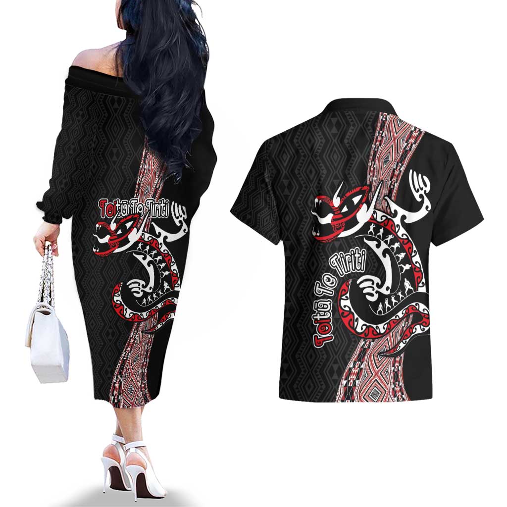 Aotearoa Toitu Te Tiriti Taniko Couples Matching Off The Shoulder Long Sleeve Dress and Hawaiian Shirt Maori Taniwha Haka - Honour the Treaty LT03 - Polynesian Pride