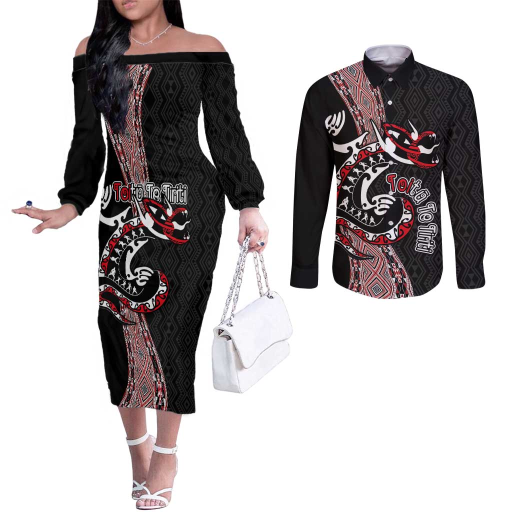 Aotearoa Toitu Te Tiriti Taniko Couples Matching Off The Shoulder Long Sleeve Dress and Long Sleeve Button Shirt Maori Taniwha Haka - Honour the Treaty LT03 Black - Polynesian Pride