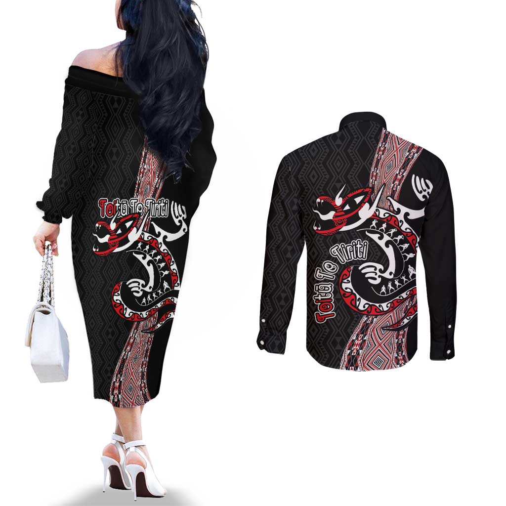 Aotearoa Toitu Te Tiriti Taniko Couples Matching Off The Shoulder Long Sleeve Dress and Long Sleeve Button Shirt Maori Taniwha Haka - Honour the Treaty LT03 - Polynesian Pride