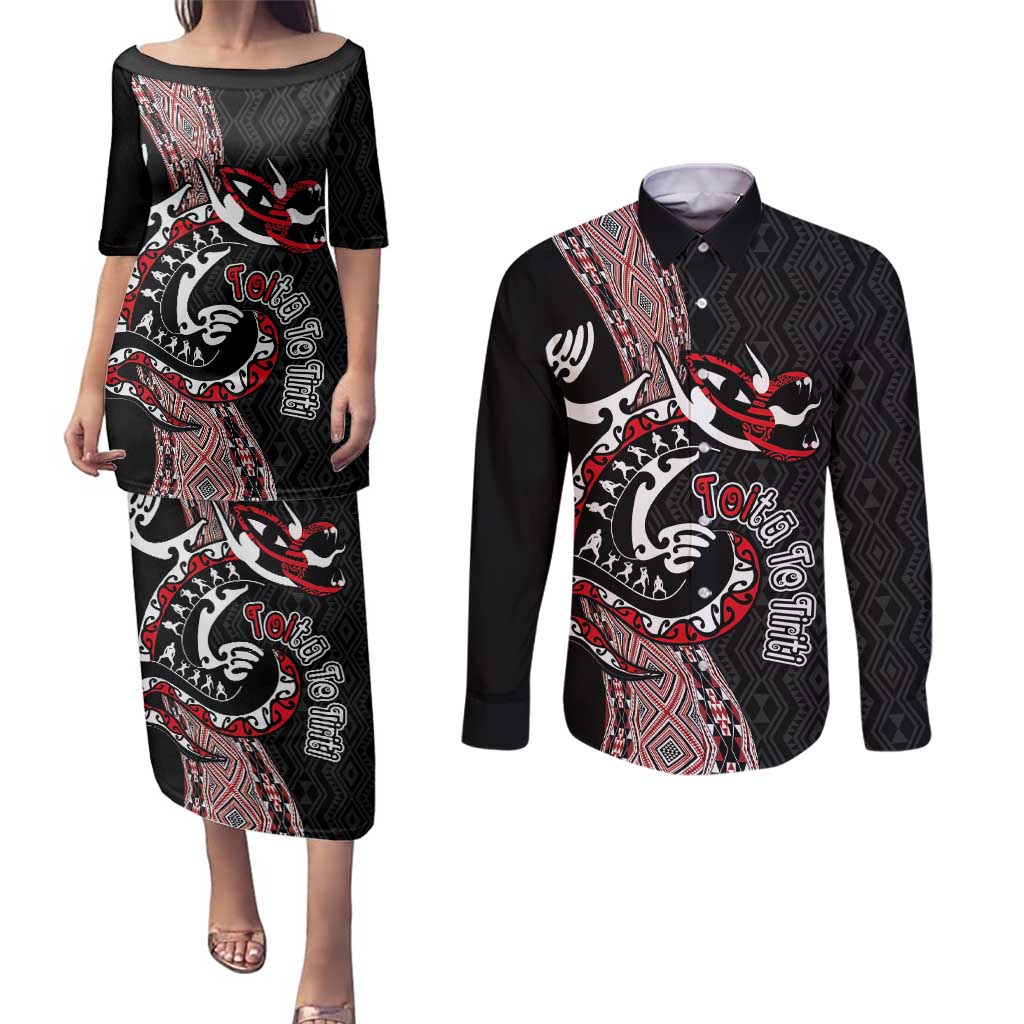 Aotearoa Toitu Te Tiriti Taniko Couples Matching Puletasi and Long Sleeve Button Shirt Maori Taniwha Haka - Honour the Treaty LT03 Black - Polynesian Pride