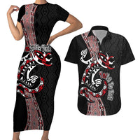 Aotearoa Toitu Te Tiriti Taniko Couples Matching Short Sleeve Bodycon Dress and Hawaiian Shirt Maori Taniwha Haka - Honour the Treaty LT03 Black - Polynesian Pride