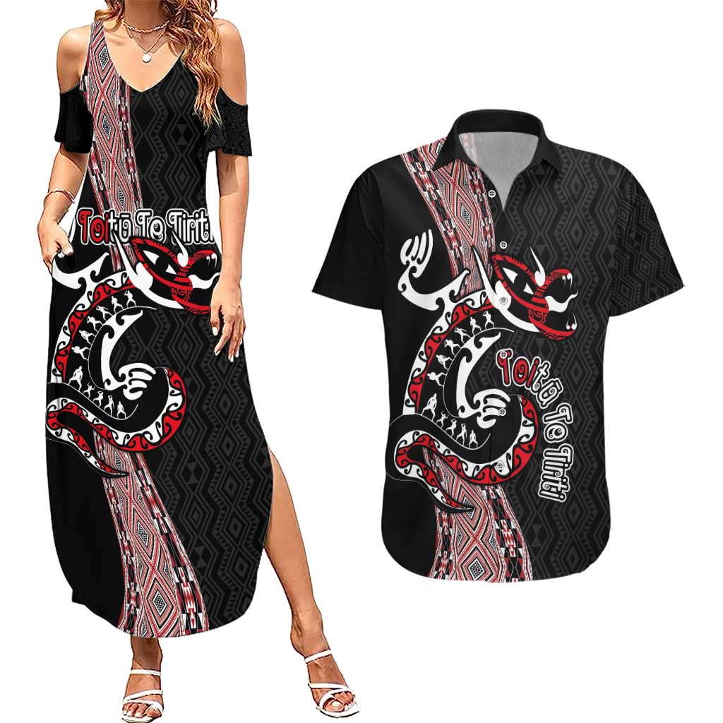 Aotearoa Toitu Te Tiriti Taniko Couples Matching Summer Maxi Dress and Hawaiian Shirt Maori Taniwha Haka - Honour the Treaty LT03 Black - Polynesian Pride