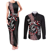 Aotearoa Toitu Te Tiriti Taniko Couples Matching Tank Maxi Dress and Long Sleeve Button Shirt Maori Taniwha Haka - Honour the Treaty LT03 Black - Polynesian Pride
