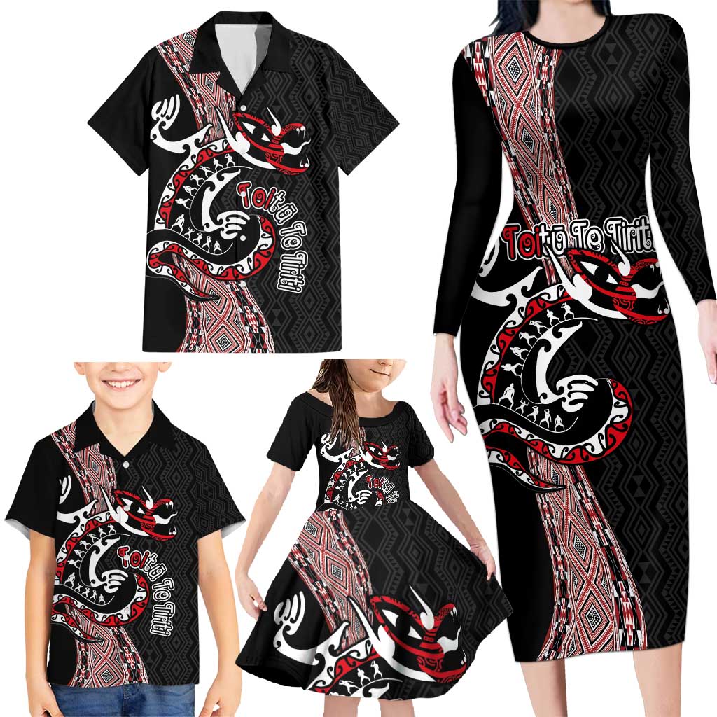 Aotearoa Toitu Te Tiriti Taniko Family Matching Long Sleeve Bodycon Dress and Hawaiian Shirt Maori Taniwha Haka - Honour the Treaty LT03 - Polynesian Pride