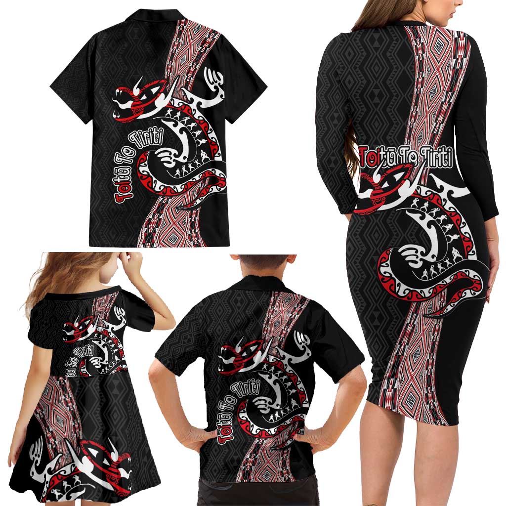 Aotearoa Toitu Te Tiriti Taniko Family Matching Long Sleeve Bodycon Dress and Hawaiian Shirt Maori Taniwha Haka - Honour the Treaty LT03 - Polynesian Pride