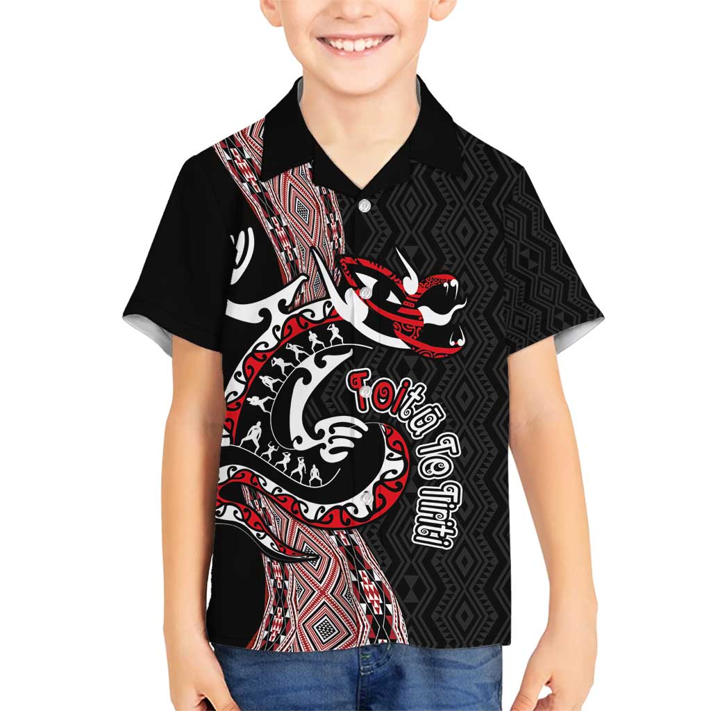 Aotearoa Toitu Te Tiriti Taniko Family Matching Long Sleeve Bodycon Dress and Hawaiian Shirt Maori Taniwha Haka - Honour the Treaty LT03 Son's Shirt Black - Polynesian Pride