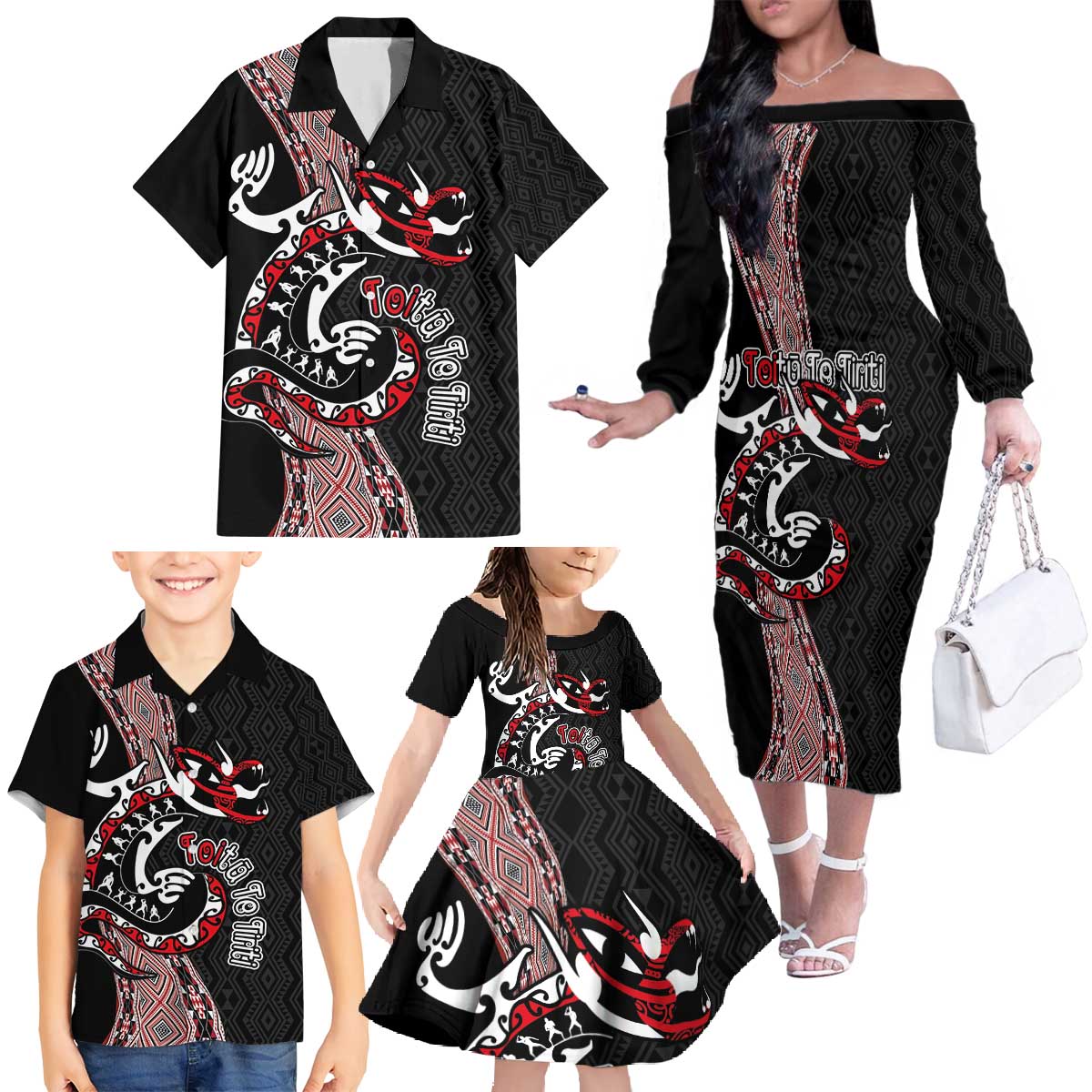 Aotearoa Toitu Te Tiriti Taniko Family Matching Off The Shoulder Long Sleeve Dress and Hawaiian Shirt Maori Taniwha Haka - Honour the Treaty LT03 - Polynesian Pride