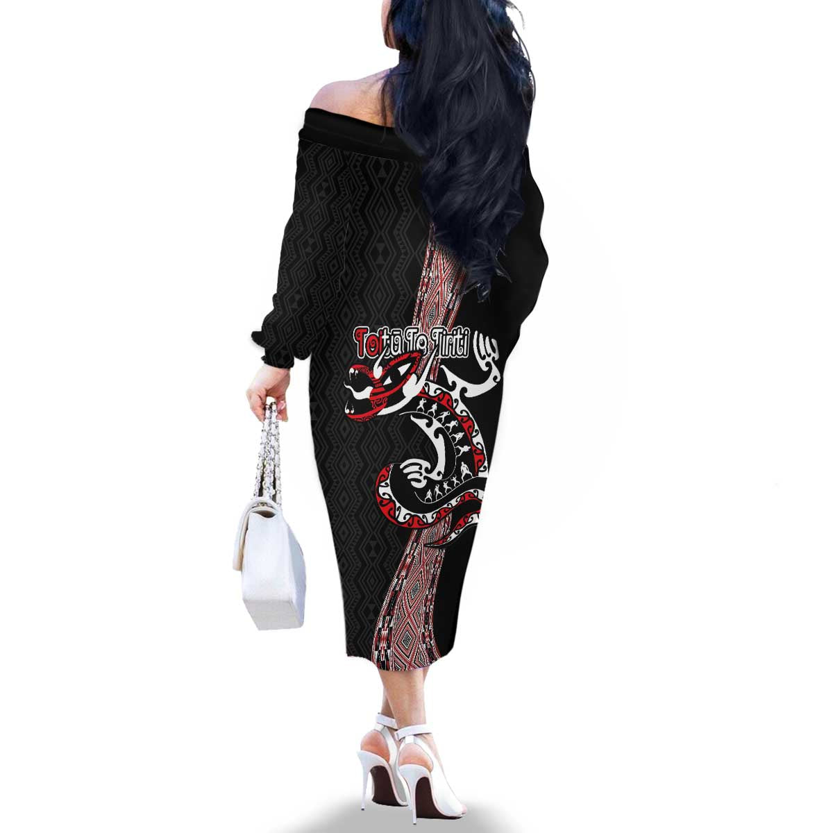Aotearoa Toitu Te Tiriti Taniko Family Matching Off The Shoulder Long Sleeve Dress and Hawaiian Shirt Maori Taniwha Haka - Honour the Treaty LT03 - Polynesian Pride