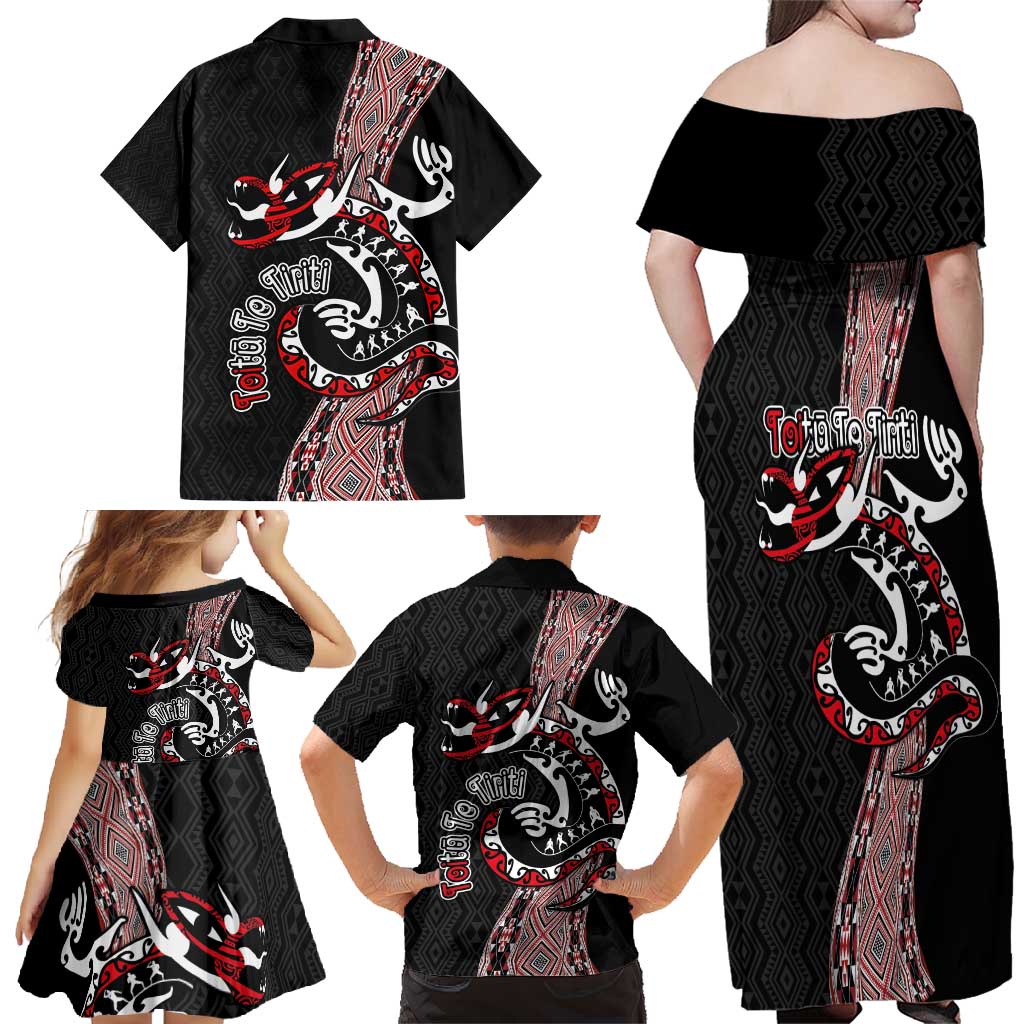 Aotearoa Toitu Te Tiriti Taniko Family Matching Off Shoulder Maxi Dress and Hawaiian Shirt Maori Taniwha Haka - Honour the Treaty LT03 - Polynesian Pride
