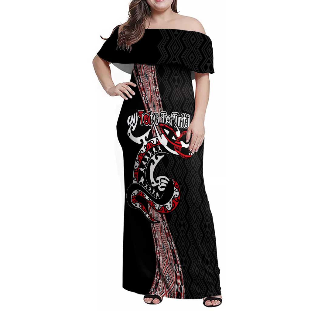 Aotearoa Toitu Te Tiriti Taniko Family Matching Off Shoulder Maxi Dress and Hawaiian Shirt Maori Taniwha Haka - Honour the Treaty LT03 Mom's Dress Black - Polynesian Pride