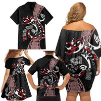 Aotearoa Toitu Te Tiriti Taniko Family Matching Off Shoulder Short Dress and Hawaiian Shirt Maori Taniwha Haka - Honour the Treaty LT03 - Polynesian Pride