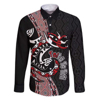 Aotearoa Toitu Te Tiriti Taniko Family Matching Off Shoulder Short Dress and Hawaiian Shirt Maori Taniwha Haka - Honour the Treaty LT03 Dad's Shirt - Long Sleeve Black - Polynesian Pride