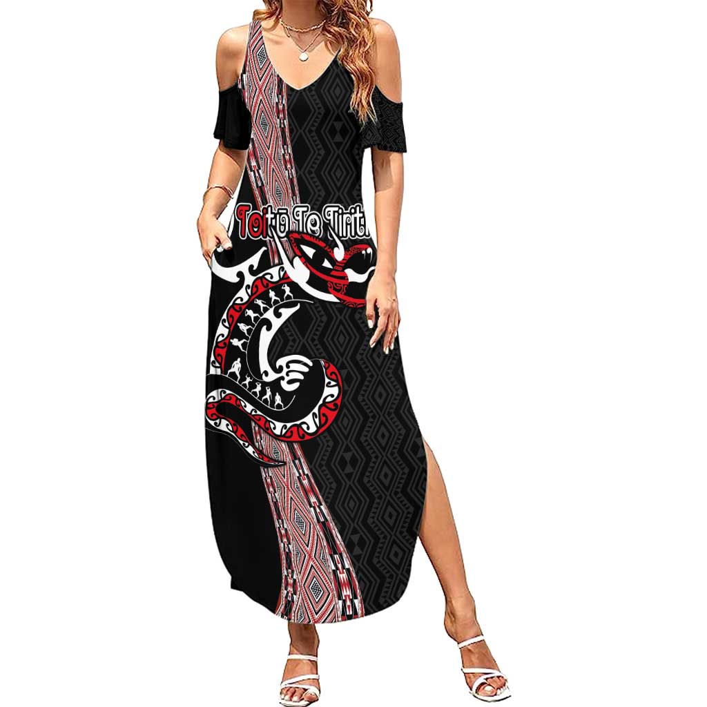 Aotearoa Toitu Te Tiriti Taniko Family Matching Summer Maxi Dress and Hawaiian Shirt Maori Taniwha Haka - Honour the Treaty LT03 Mom's Dress Black - Polynesian Pride