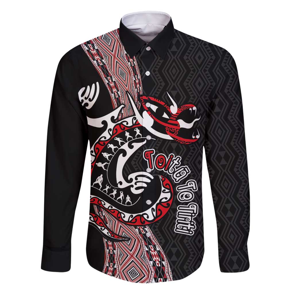Aotearoa Toitu Te Tiriti Taniko Family Matching Tank Maxi Dress and Hawaiian Shirt Maori Taniwha Haka - Honour the Treaty LT03 Dad's Shirt - Long Sleeve Black - Polynesian Pride