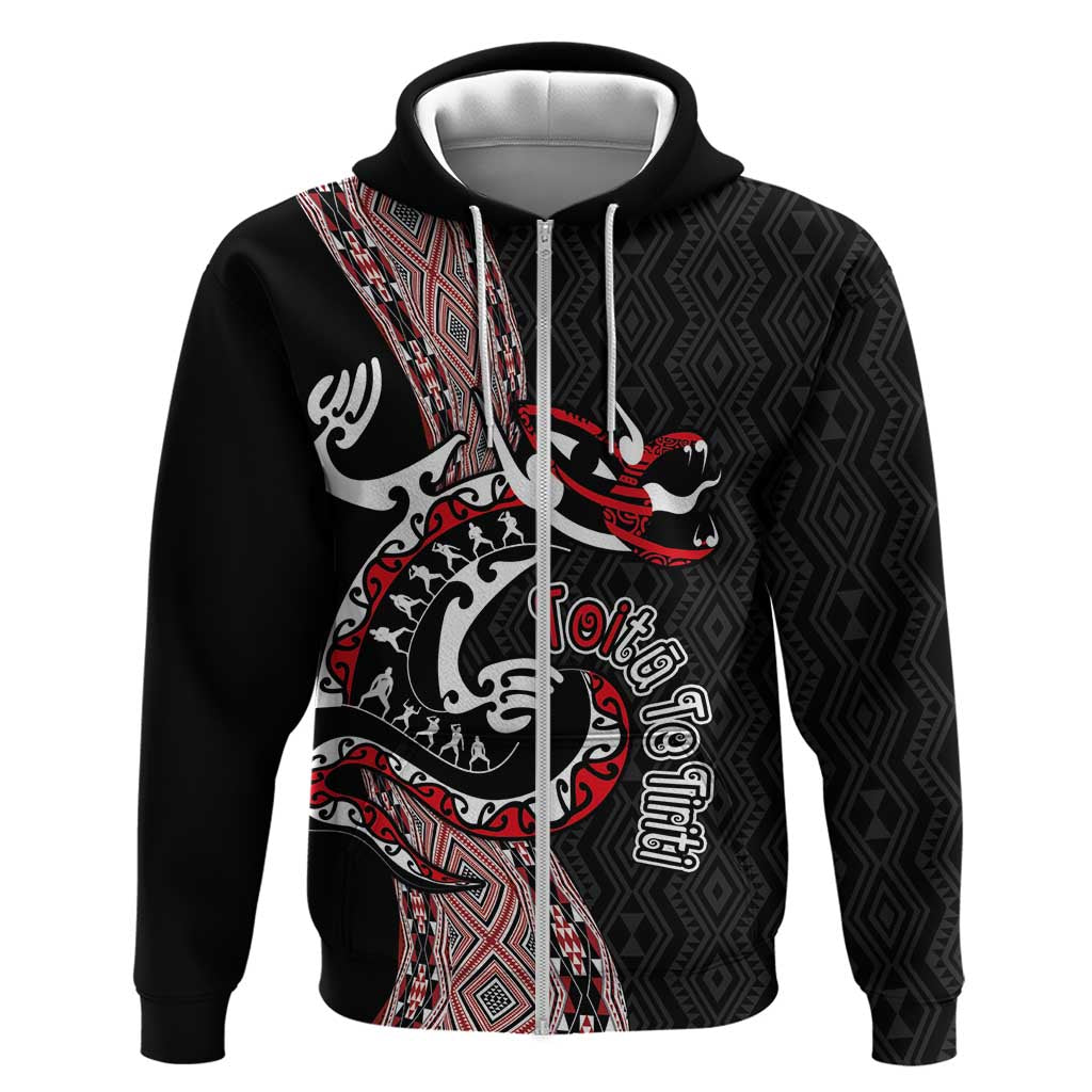 Aotearoa Toitu Te Tiriti Taniko Hoodie Maori Taniwha Haka - Honour the Treaty LT03 Zip Hoodie Black - Polynesian Pride