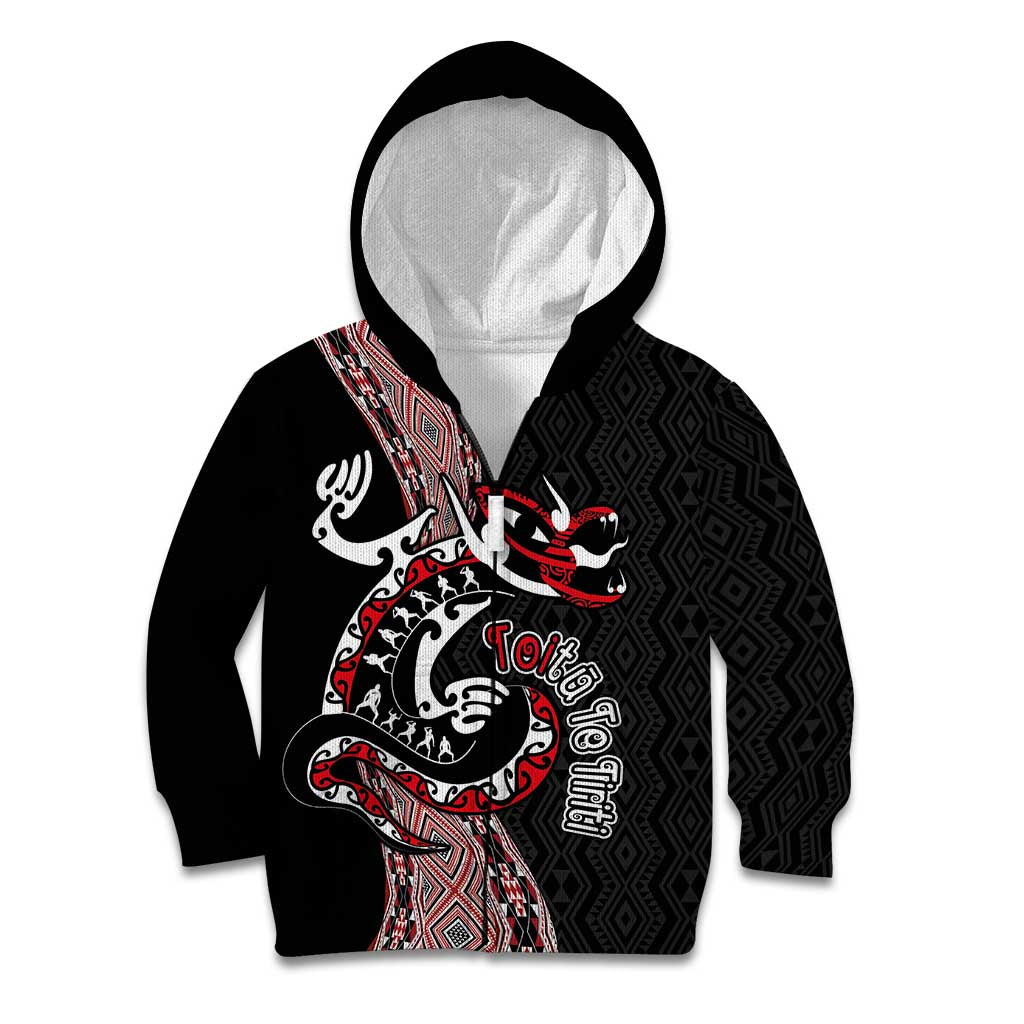 Aotearoa Toitu Te Tiriti Taniko Kid Hoodie Maori Taniwha Haka - Honour the Treaty LT03 Zip Hoodie Black - Polynesian Pride