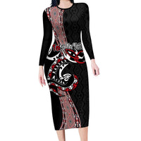 Aotearoa Toitu Te Tiriti Taniko Long Sleeve Bodycon Dress Maori Taniwha Haka - Honour the Treaty LT03 Long Dress Black - Polynesian Pride