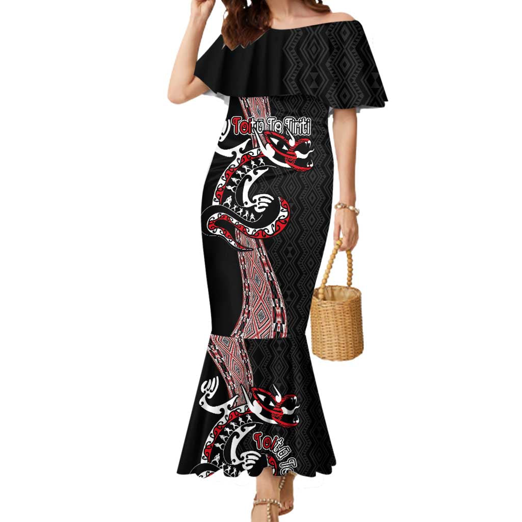 Aotearoa Toitu Te Tiriti Taniko Mermaid Dress Maori Taniwha Haka - Honour the Treaty LT03 Women Black - Polynesian Pride