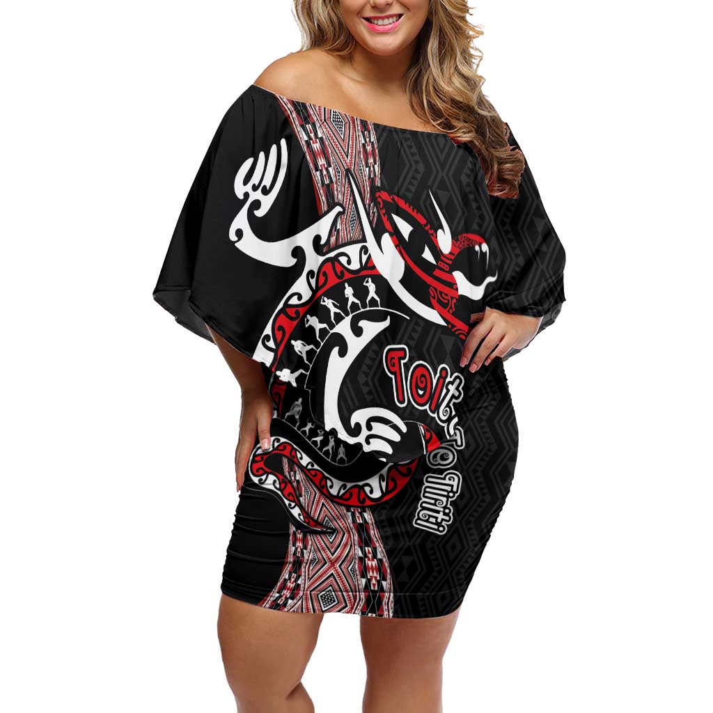 Aotearoa Toitu Te Tiriti Taniko Off Shoulder Short Dress Maori Taniwha Haka - Honour the Treaty LT03 Women Black - Polynesian Pride