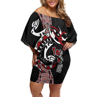 Aotearoa Toitu Te Tiriti Taniko Off Shoulder Short Dress Maori Taniwha Haka - Honour the Treaty LT03 Women Black - Polynesian Pride