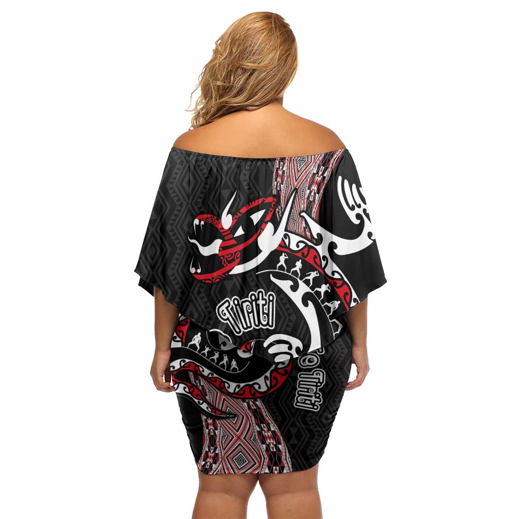 Aotearoa Toitu Te Tiriti Taniko Off Shoulder Short Dress Maori Taniwha Haka - Honour the Treaty LT03 - Polynesian Pride