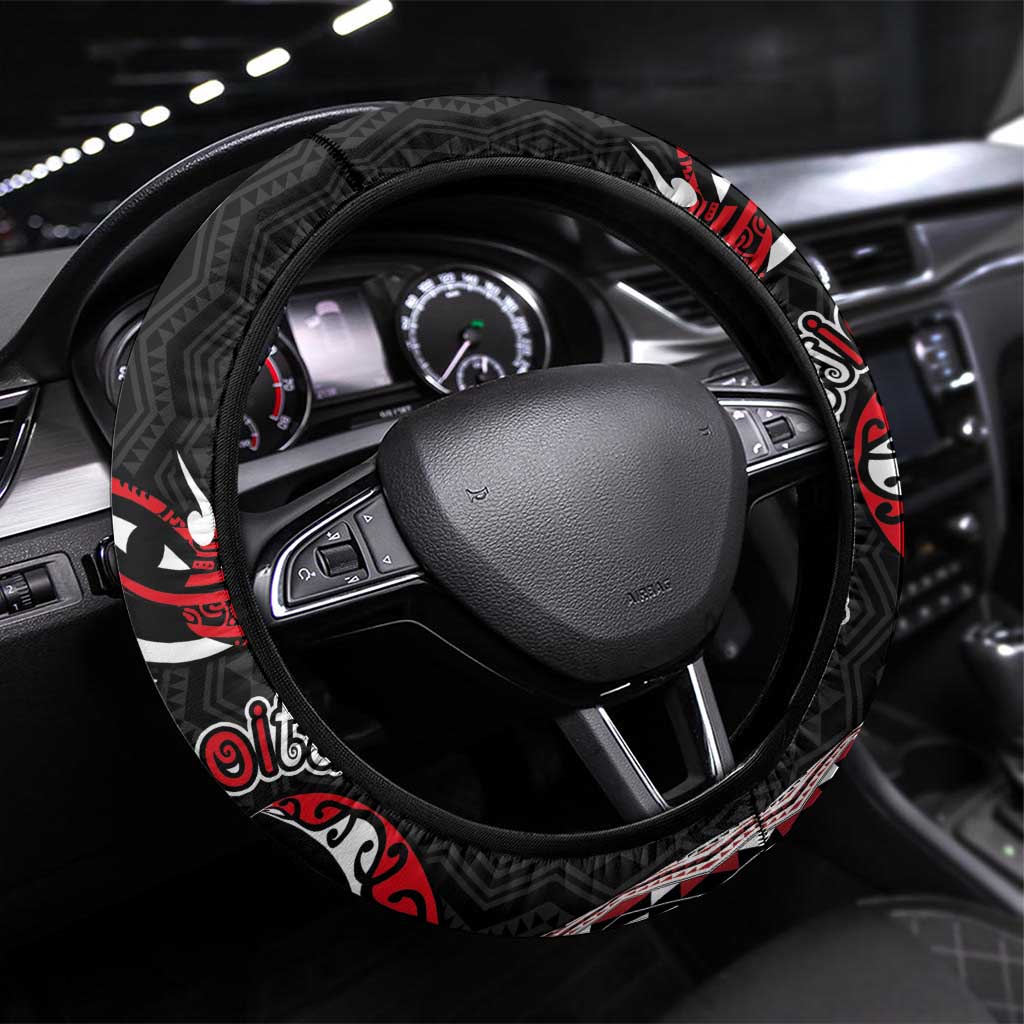 Aotearoa Toitu Te Tiriti Taniko Steering Wheel Cover Maori Taniwha Haka - Honour the Treaty LT03 Universal Fit Black - Polynesian Pride