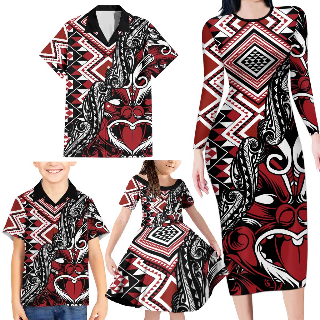 Aotearoa Maori Moko Art with Taniko Half Style Family Matching Long Sleeve Bodycon Dress and Hawaiian Shirt LT03 - Polynesian Pride