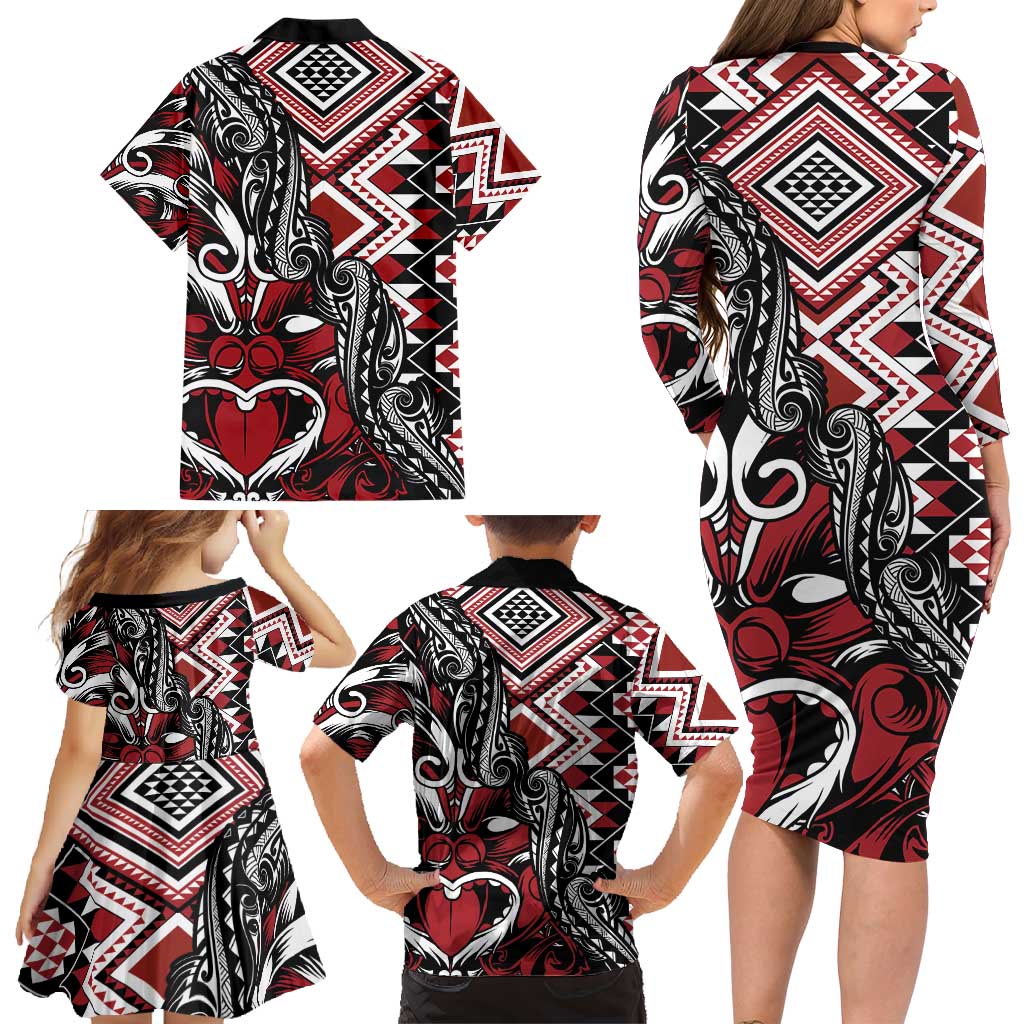 Aotearoa Maori Moko Art with Taniko Half Style Family Matching Long Sleeve Bodycon Dress and Hawaiian Shirt LT03 - Polynesian Pride