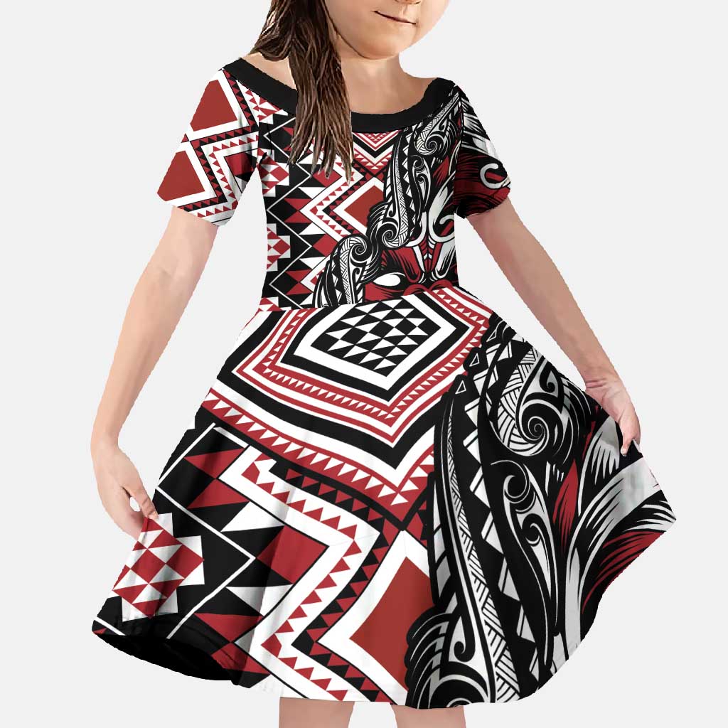 Aotearoa Maori Moko Art with Taniko Half Style Family Matching Mermaid Dress and Hawaiian Shirt LT03 Daughter's Dress Black - Polynesian Pride
