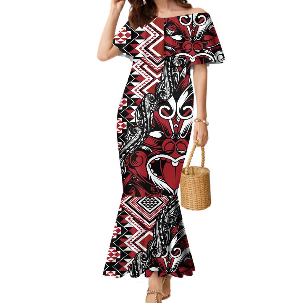 Aotearoa Maori Moko Art with Taniko Half Style Family Matching Mermaid Dress and Hawaiian Shirt LT03 Mom's Dress Black - Polynesian Pride
