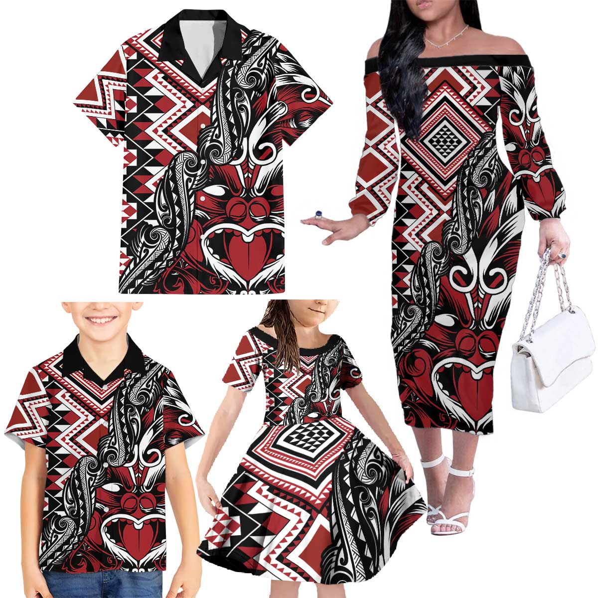 Aotearoa Maori Moko Art with Taniko Half Style Family Matching Off The Shoulder Long Sleeve Dress and Hawaiian Shirt LT03 - Polynesian Pride