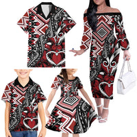 Aotearoa Maori Moko Art with Taniko Half Style Family Matching Off The Shoulder Long Sleeve Dress and Hawaiian Shirt LT03 - Polynesian Pride