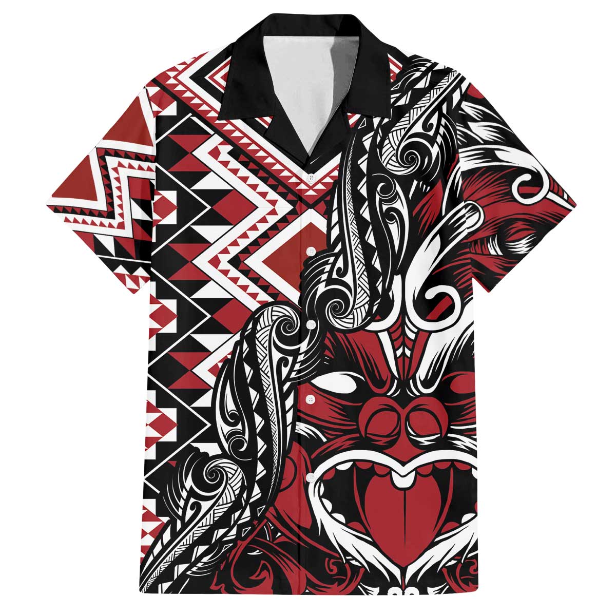 Aotearoa Maori Moko Art with Taniko Half Style Family Matching Off The Shoulder Long Sleeve Dress and Hawaiian Shirt LT03 Dad's Shirt - Short Sleeve Black - Polynesian Pride