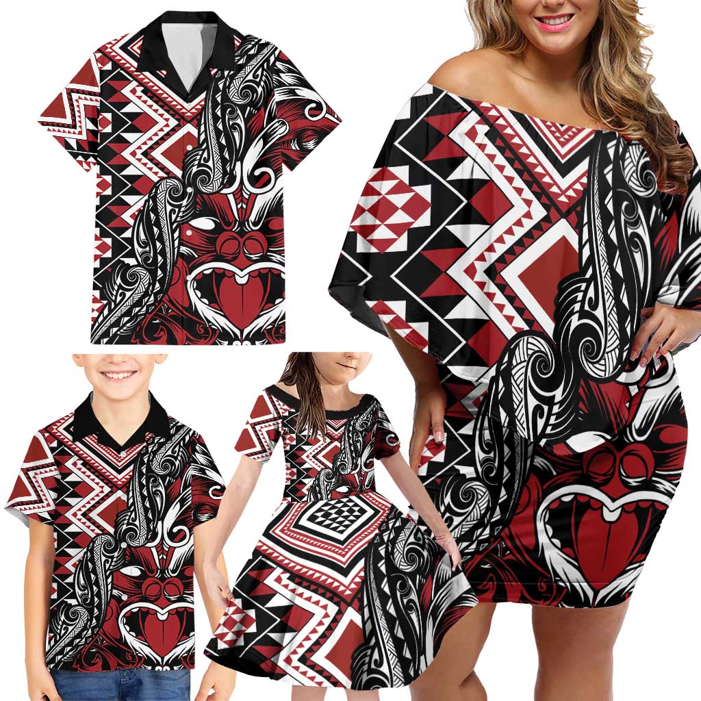 Aotearoa Maori Moko Art with Taniko Half Style Family Matching Off Shoulder Short Dress and Hawaiian Shirt LT03 - Polynesian Pride