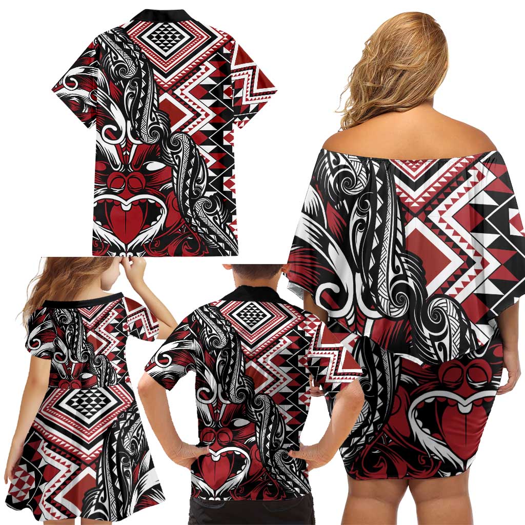 Aotearoa Maori Moko Art with Taniko Half Style Family Matching Off Shoulder Short Dress and Hawaiian Shirt LT03 - Polynesian Pride