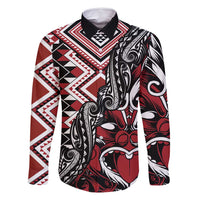 Aotearoa Maori Moko Art with Taniko Half Style Family Matching Off Shoulder Short Dress and Hawaiian Shirt LT03 Dad's Shirt - Long Sleeve Black - Polynesian Pride