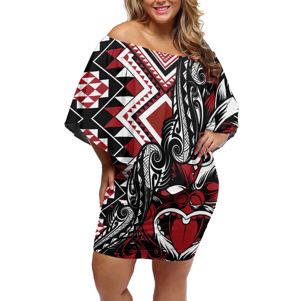 Aotearoa Maori Moko Art with Taniko Half Style Family Matching Off Shoulder Short Dress and Hawaiian Shirt LT03 Mom's Dress Black - Polynesian Pride