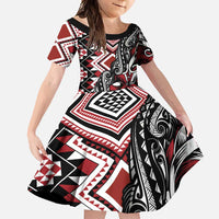 Aotearoa Maori Moko Art with Taniko Half Style Family Matching Short Sleeve Bodycon Dress and Hawaiian Shirt LT03 Daughter's Dress Black - Polynesian Pride