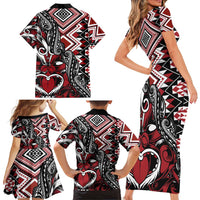 Aotearoa Maori Moko Art with Taniko Half Style Family Matching Short Sleeve Bodycon Dress and Hawaiian Shirt LT03 - Polynesian Pride