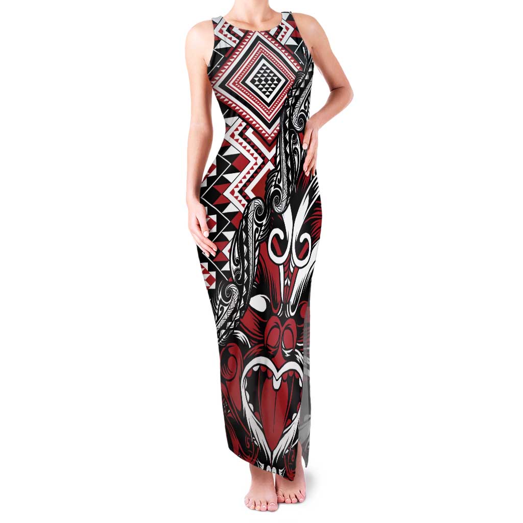 Aotearoa Maori Moko Art with Taniko Half Style Family Matching Tank Maxi Dress and Hawaiian Shirt LT03 Mom's Dress Black - Polynesian Pride