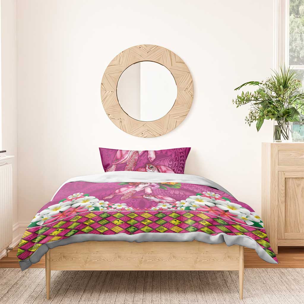Hawaiian Lei Turtle and Plumeria Bedding Set Polynerian Art Tattoo-Plum Pink Color