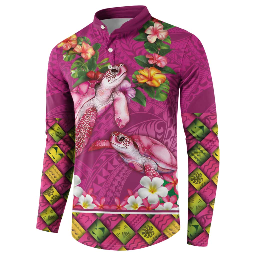 Hawaiian Lei Turtle and Plumeria Button Sweatshirt Polynerian Art Tattoo-Plum Pink Color