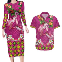 Hawaiian Lei Turtle and Plumeria Couples Matching Long Sleeve Bodycon Dress and Hawaiian Shirt Polynerian Art Tattoo-Plum Pink Color LT03 Pink - Polynesian Pride