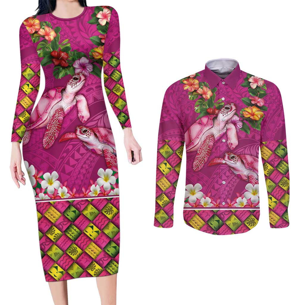 Hawaiian Lei Turtle and Plumeria Couples Matching Long Sleeve Bodycon Dress and Long Sleeve Button Shirt Polynerian Art Tattoo-Plum Pink Color LT03 Pink - Polynesian Pride