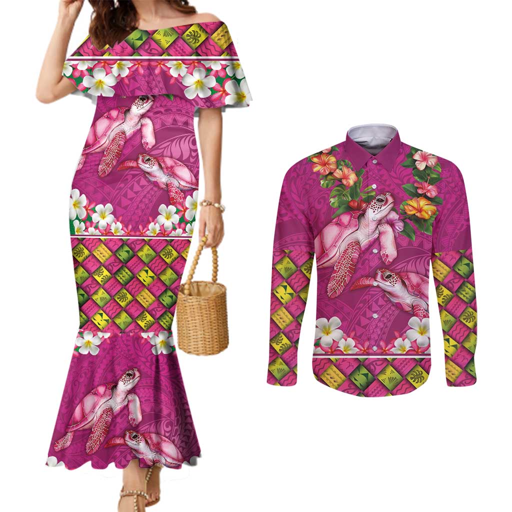 Hawaiian Lei Turtle and Plumeria Couples Matching Mermaid Dress and Long Sleeve Button Shirt Polynerian Art Tattoo-Plum Pink Color