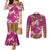 Hawaiian Lei Turtle and Plumeria Couples Matching Mermaid Dress and Long Sleeve Button Shirt Polynerian Art Tattoo-Plum Pink Color