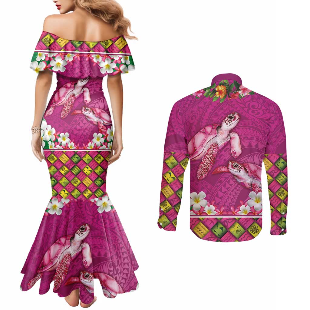 Hawaiian Lei Turtle and Plumeria Couples Matching Mermaid Dress and Long Sleeve Button Shirt Polynerian Art Tattoo-Plum Pink Color LT03 - Polynesian Pride
