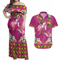 Hawaiian Lei Turtle and Plumeria Couples Matching Off Shoulder Maxi Dress and Hawaiian Shirt Polynerian Art Tattoo-Plum Pink Color LT03 Pink - Polynesian Pride