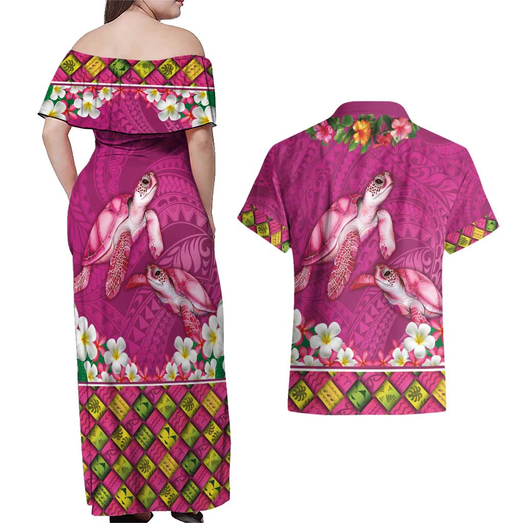 Hawaiian Lei Turtle and Plumeria Couples Matching Off Shoulder Maxi Dress and Hawaiian Shirt Polynerian Art Tattoo-Plum Pink Color LT03 - Polynesian Pride